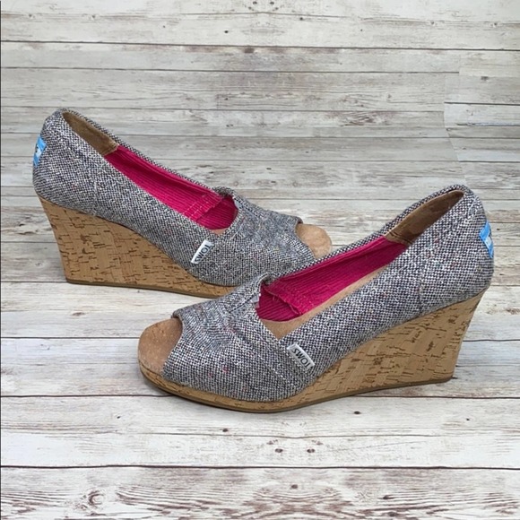 Toms Shoes - TOMS black white tweed open toe cork wedges - 7